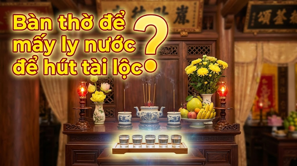 Bàn thờ gia tiên để mấy ly nước để hút tài lộc